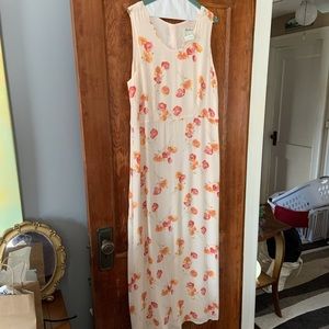 Vintage Eddie Bauer sleeveless maxi dress in ivory with pink and orange poppies